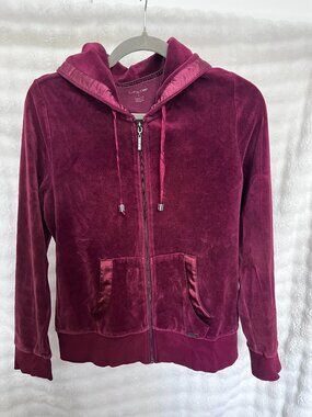 Calvin Klein Burgundy Velour Full Zip Hoodie Jacket - Small